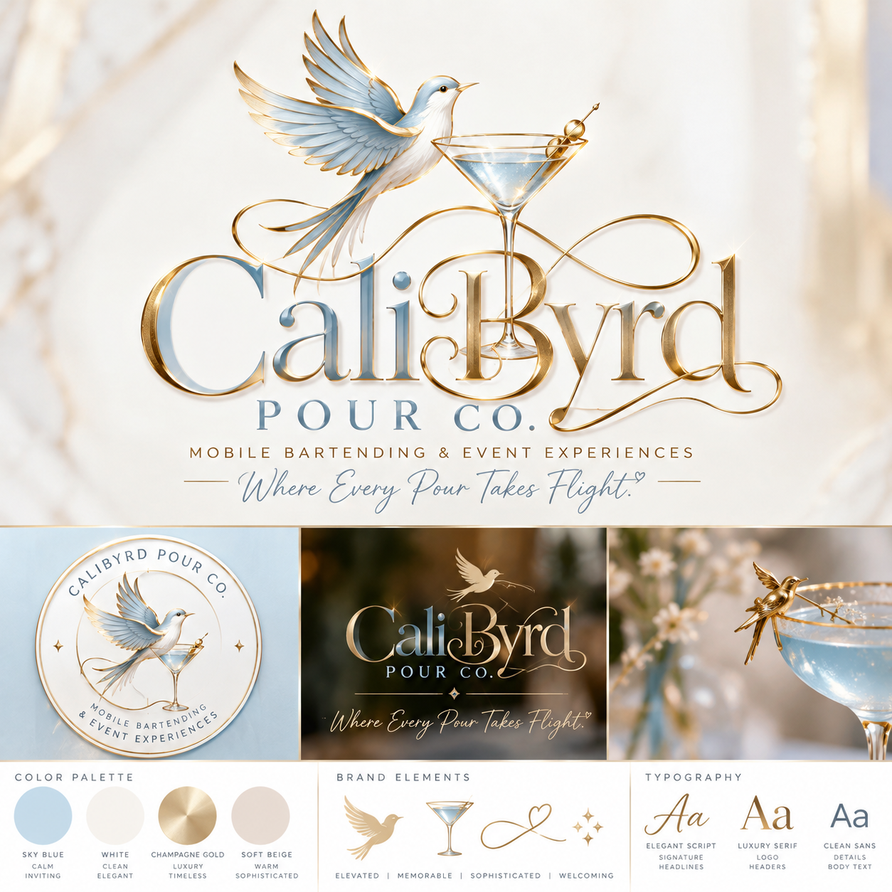 CaliByrd Pour Co. baby blue and champagne gold bird and cocktail brand concept